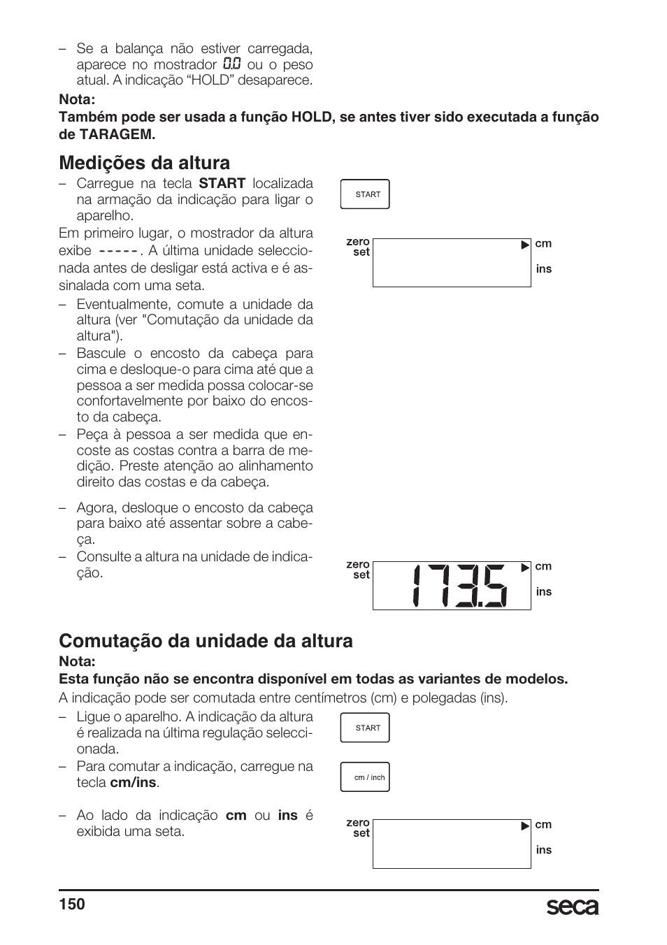 Medições da altura, Comutação da unidade da altura | Seca 764 User Manual | Page 150 / 189