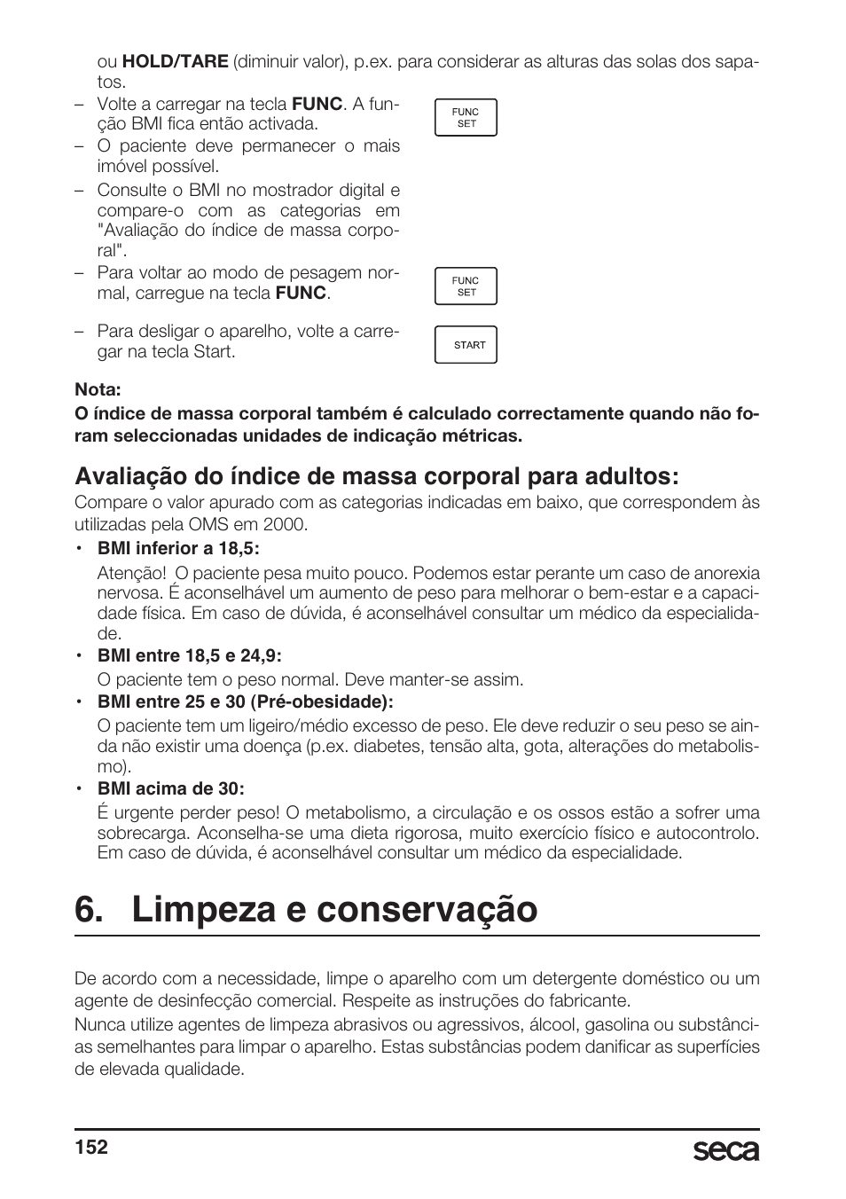 Avaliação do índice de massa corporal para adultos, Limpeza e conservação | Seca 764 User Manual | Page 152 / 189