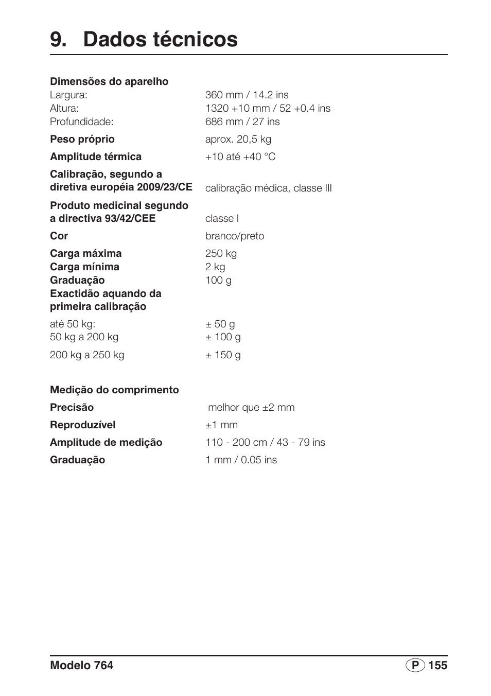 Dados técnicos | Seca 764 User Manual | Page 155 / 189