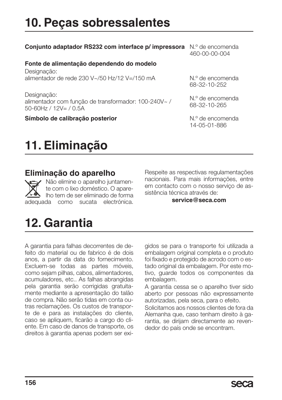 Peças sobressalentes, Eliminação, Garantia | Peças sobressalentes 11. eliminação, Eliminação do aparelho | Seca 764 User Manual | Page 156 / 189