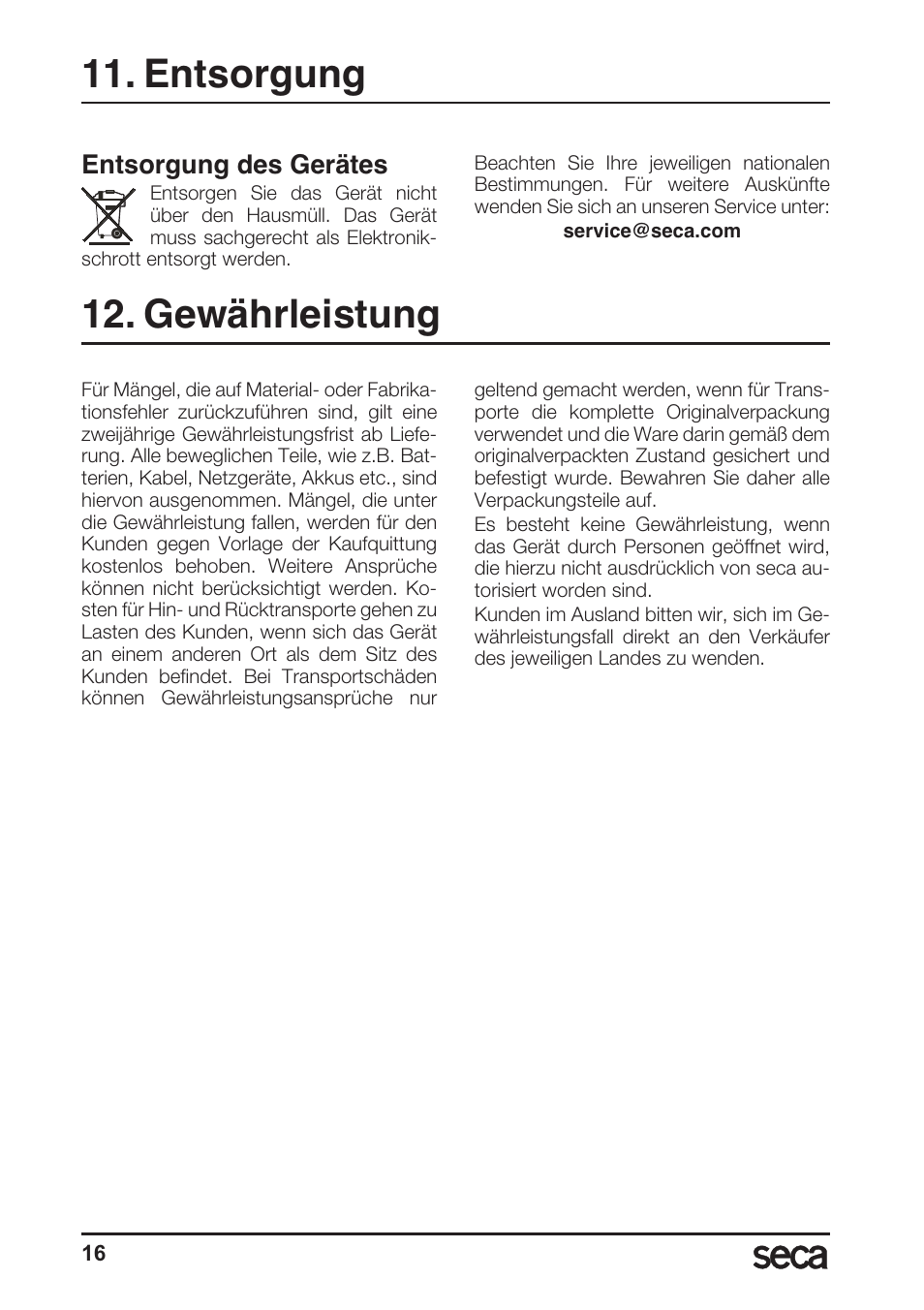 Entsorgung, Gewährleistung, Entsorgung des gerätes | Seca 764 User Manual | Page 16 / 189