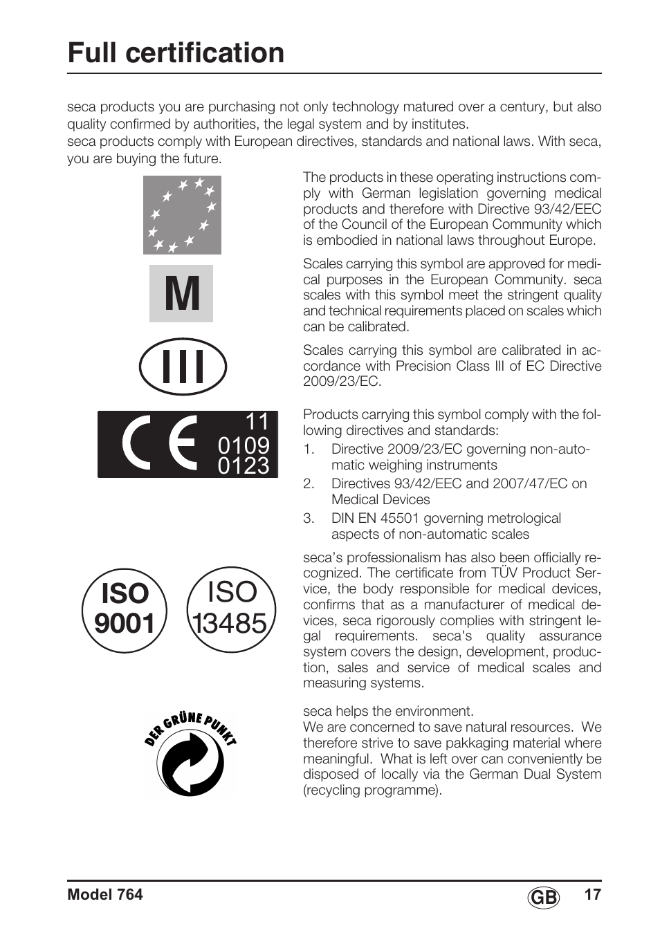 English, Full certification, Iso 9001 | Seca 764 User Manual | Page 17 / 189