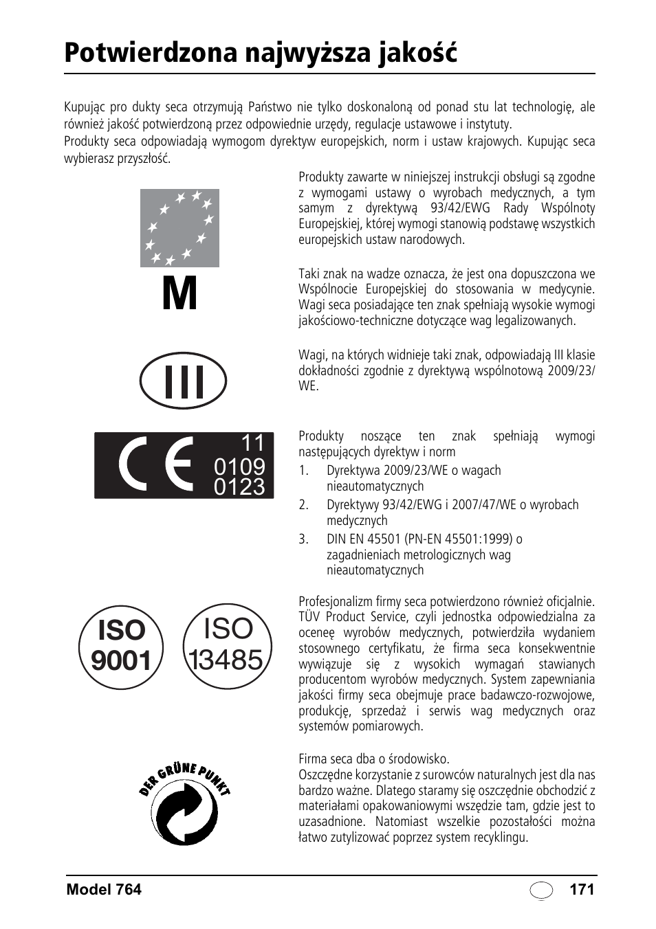 Polska, Potwierdzona najwyższa jakość, Iso 9001 | Seca 764 User Manual | Page 171 / 189