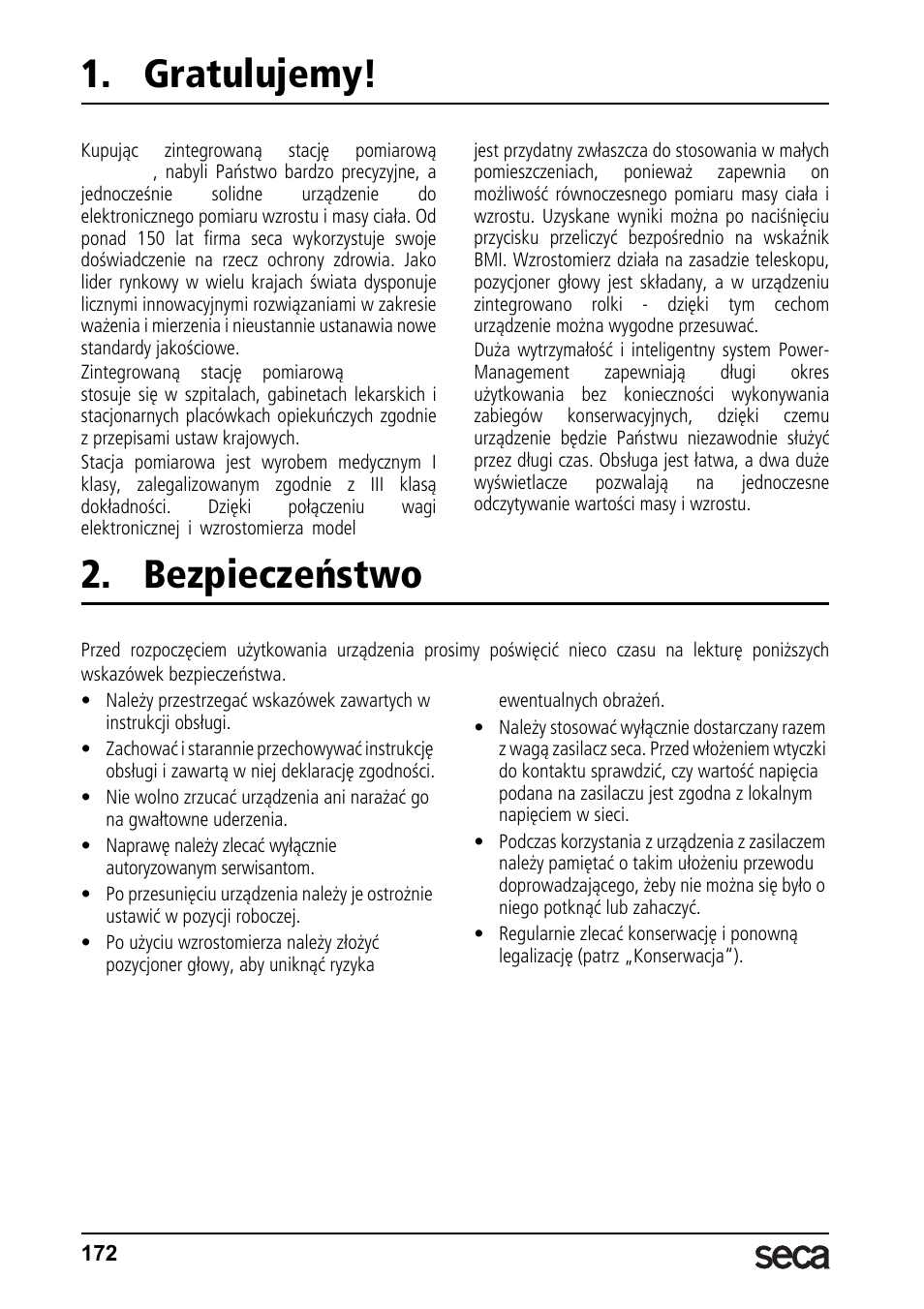 Gratulujemy, Bezpieczeństwo | Seca 764 User Manual | Page 172 / 189