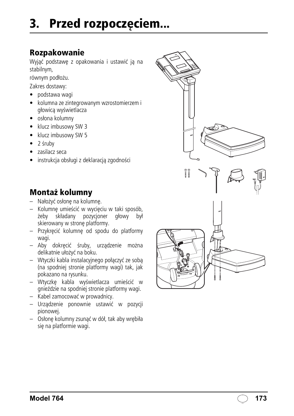 Przed rozpoczęciem, Rozpakowanie, Montaż kolumny | Seca 764 User Manual | Page 173 / 189