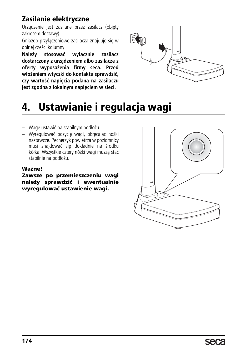 Zasilanie elektryczne, Ustawianie i regulacja wagi | Seca 764 User Manual | Page 174 / 189