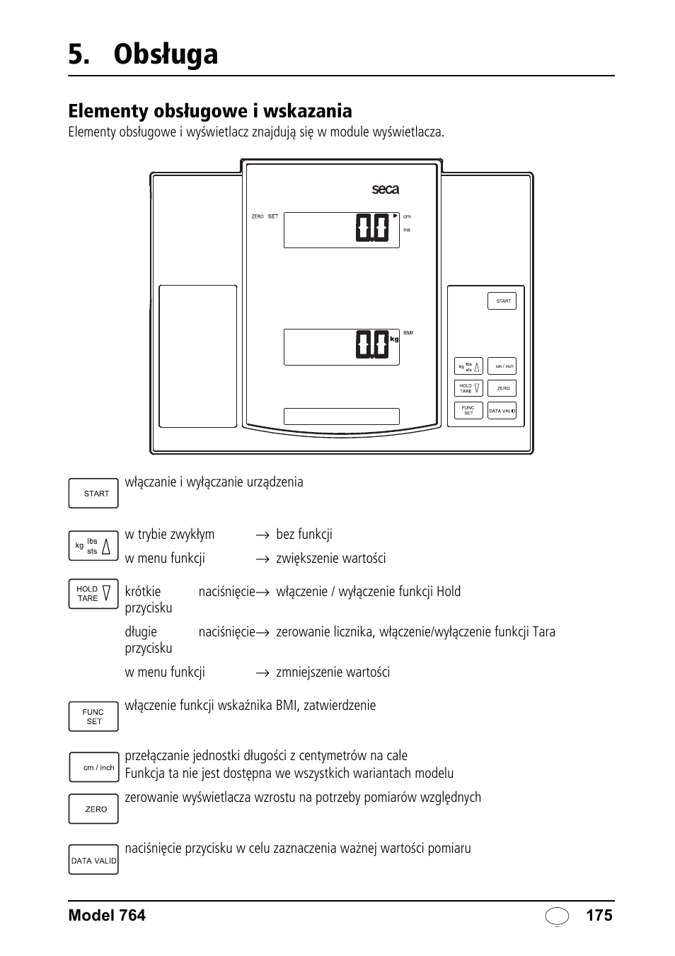 Obsługa, Elementy obsługowe i wskazania | Seca 764 User Manual | Page 175 / 189