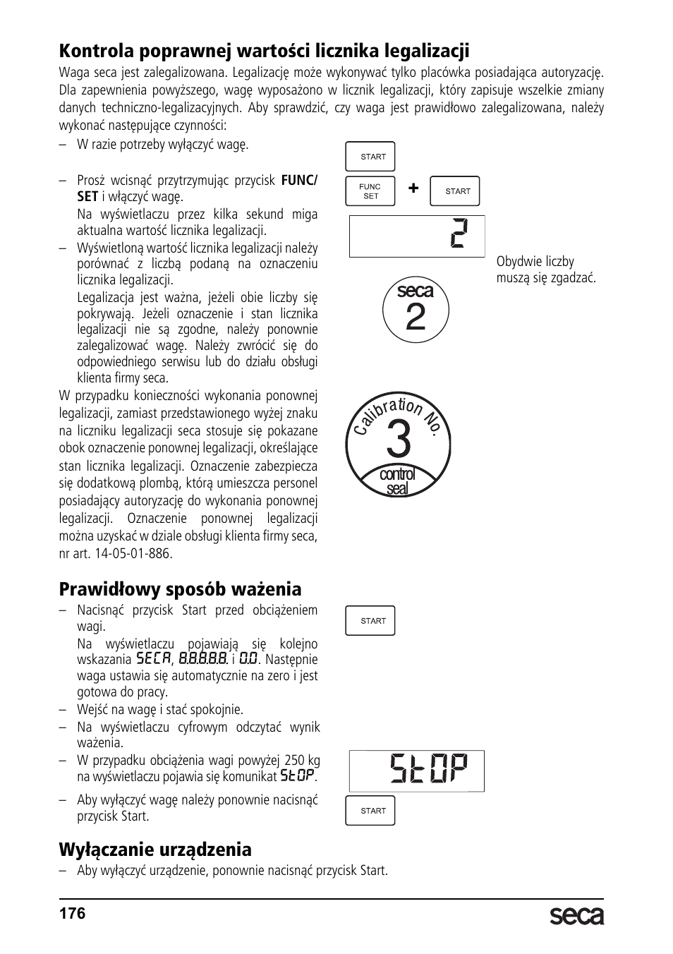 Kontrola poprawnej wartości licznika legalizacji, Prawidłowy sposób ważenia, Wyłączanie urządzenia | Seca 764 User Manual | Page 176 / 189