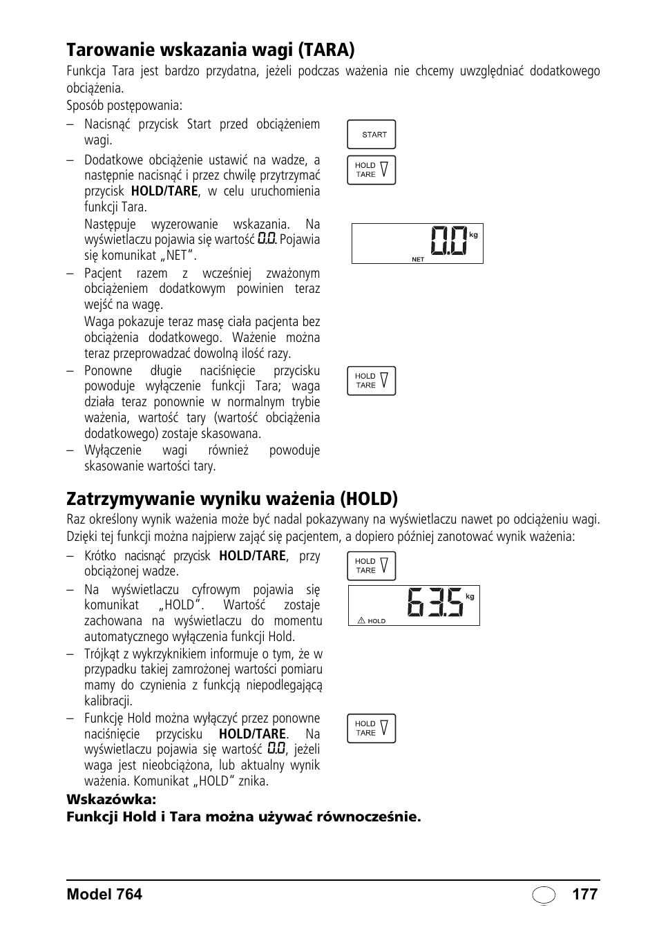 Tarowanie wskazania wagi (tara), Zatrzymywanie wyniku ważenia (hold) | Seca 764 User Manual | Page 177 / 189