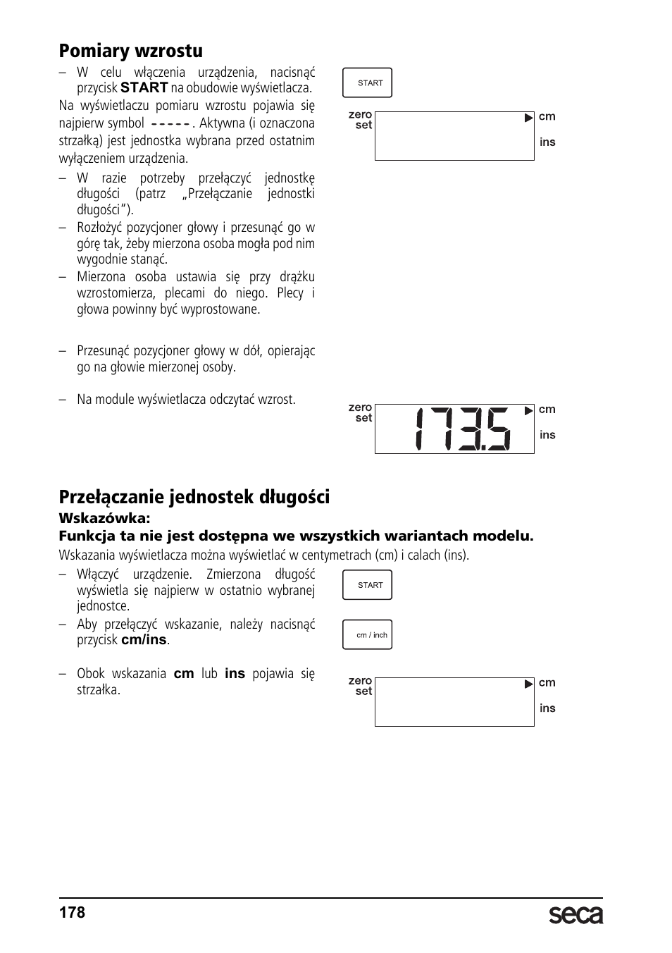 Pomiary wzrostu, Przełączanie jednostek długości | Seca 764 User Manual | Page 178 / 189