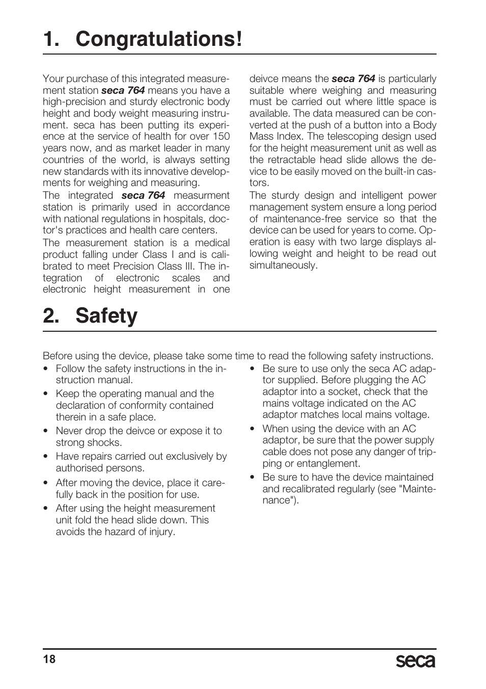 Congratulations, Safety | Seca 764 User Manual | Page 18 / 189