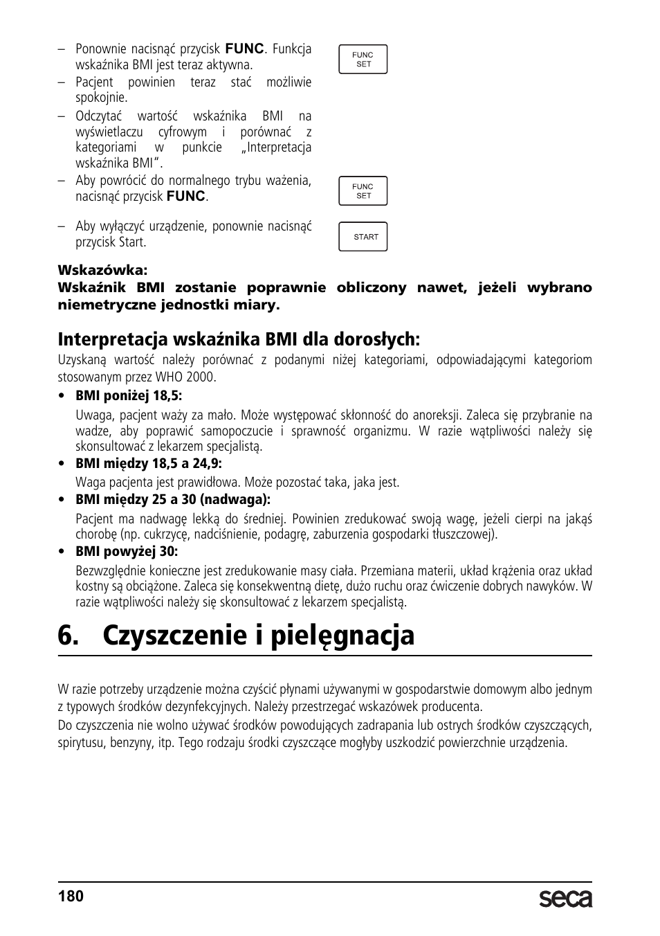 Interpretacja wskaźnika bmi dla dorosłych, Czyszczenie i pielęgnacja | Seca 764 User Manual | Page 180 / 189