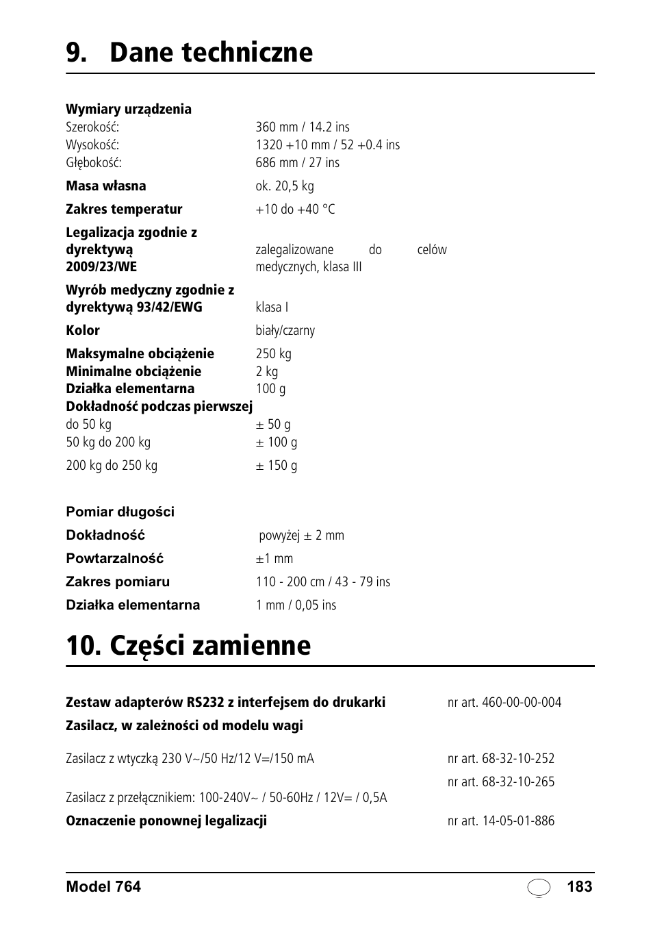 Dane techniczne, Części zamienne, Dane techniczne 10. części zamienne | Seca 764 User Manual | Page 183 / 189