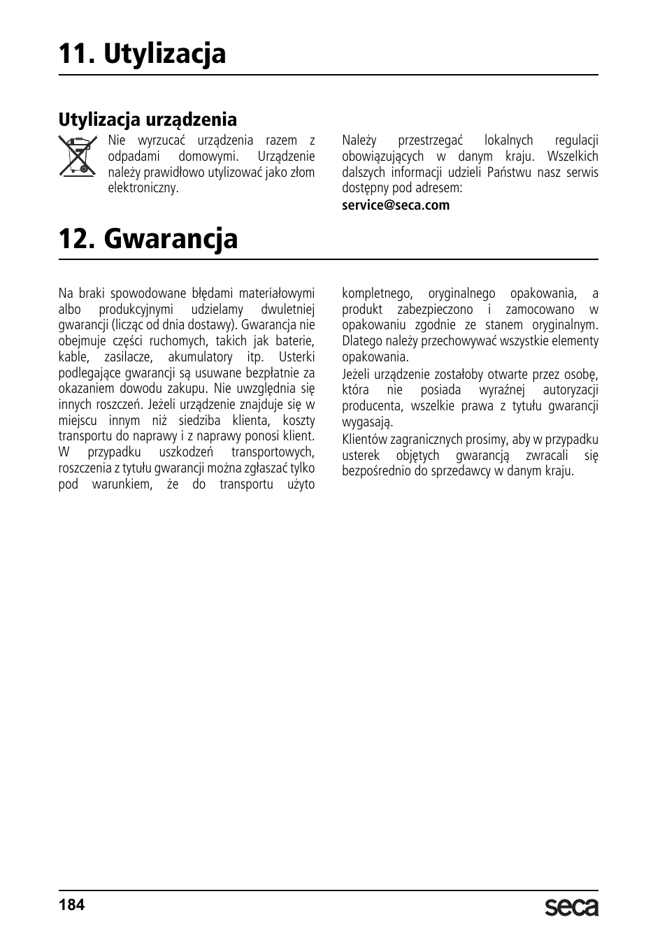 Utylizacja, Utylizacja urządzenia, Gwarancja | Seca 764 User Manual | Page 184 / 189