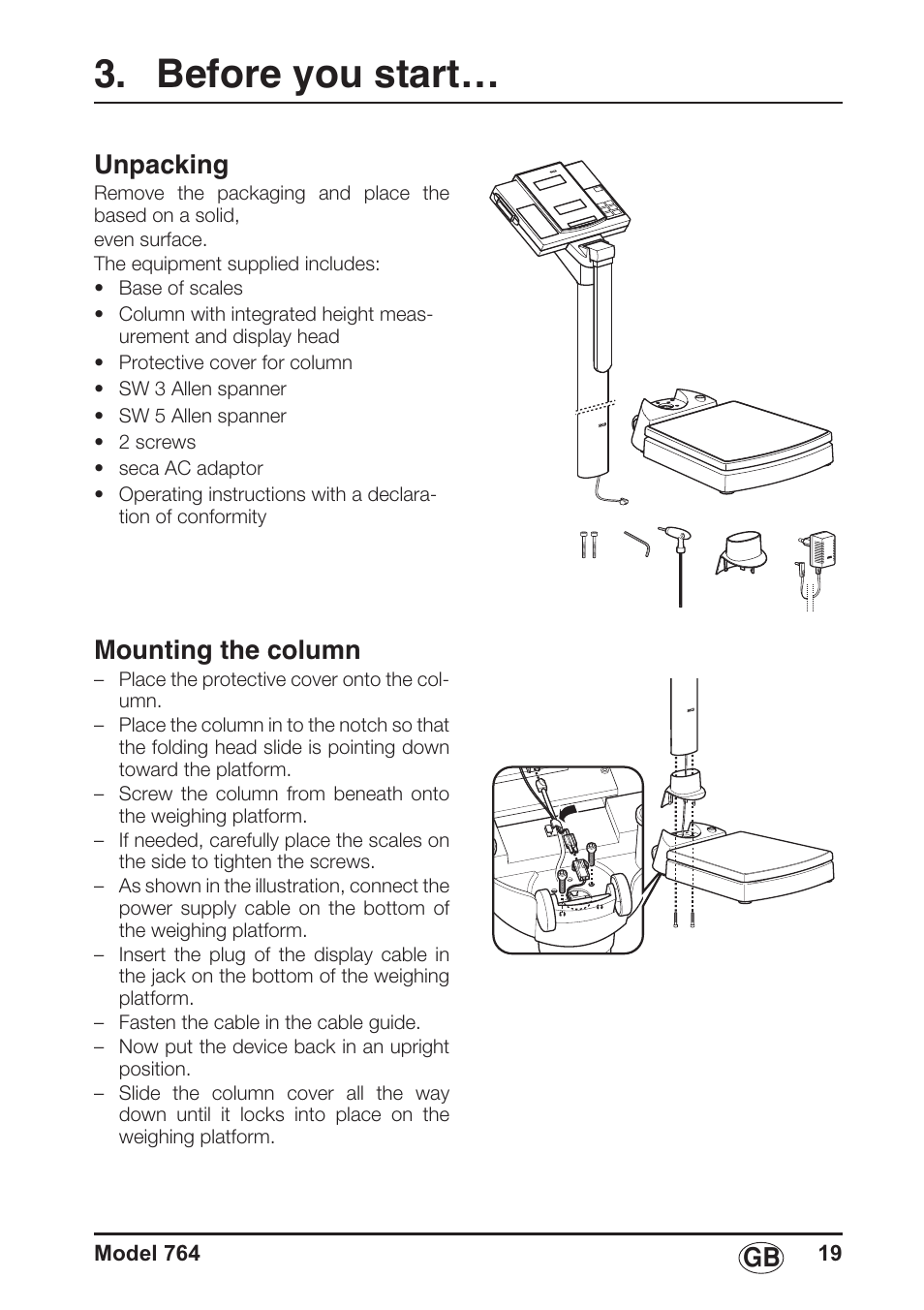 Before you start, Unpacking, Mounting the column | Seca 764 User Manual | Page 19 / 189