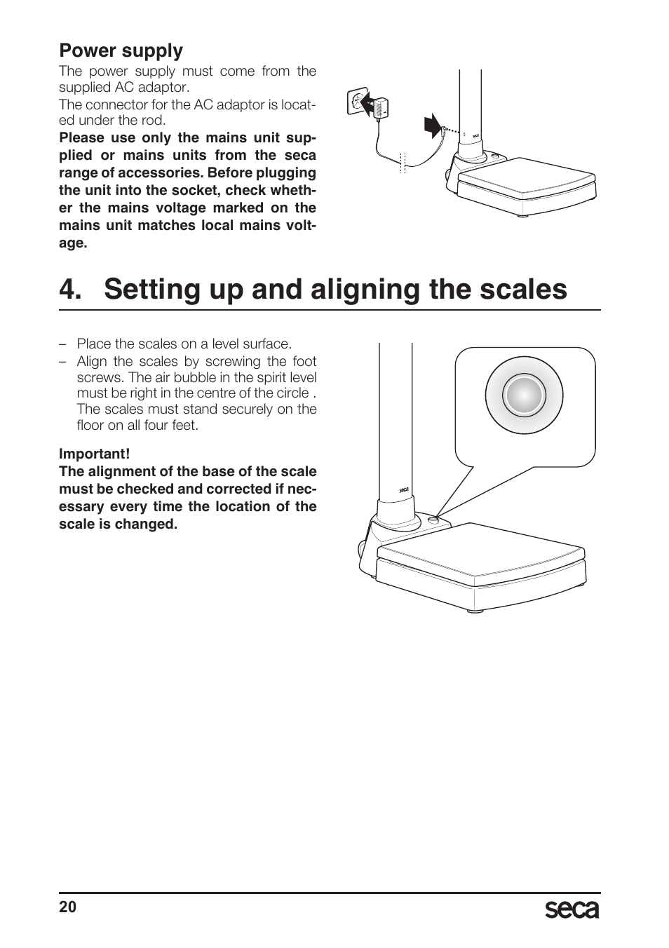 Power supply, Setting up and aligning the scales | Seca 764 User Manual | Page 20 / 189