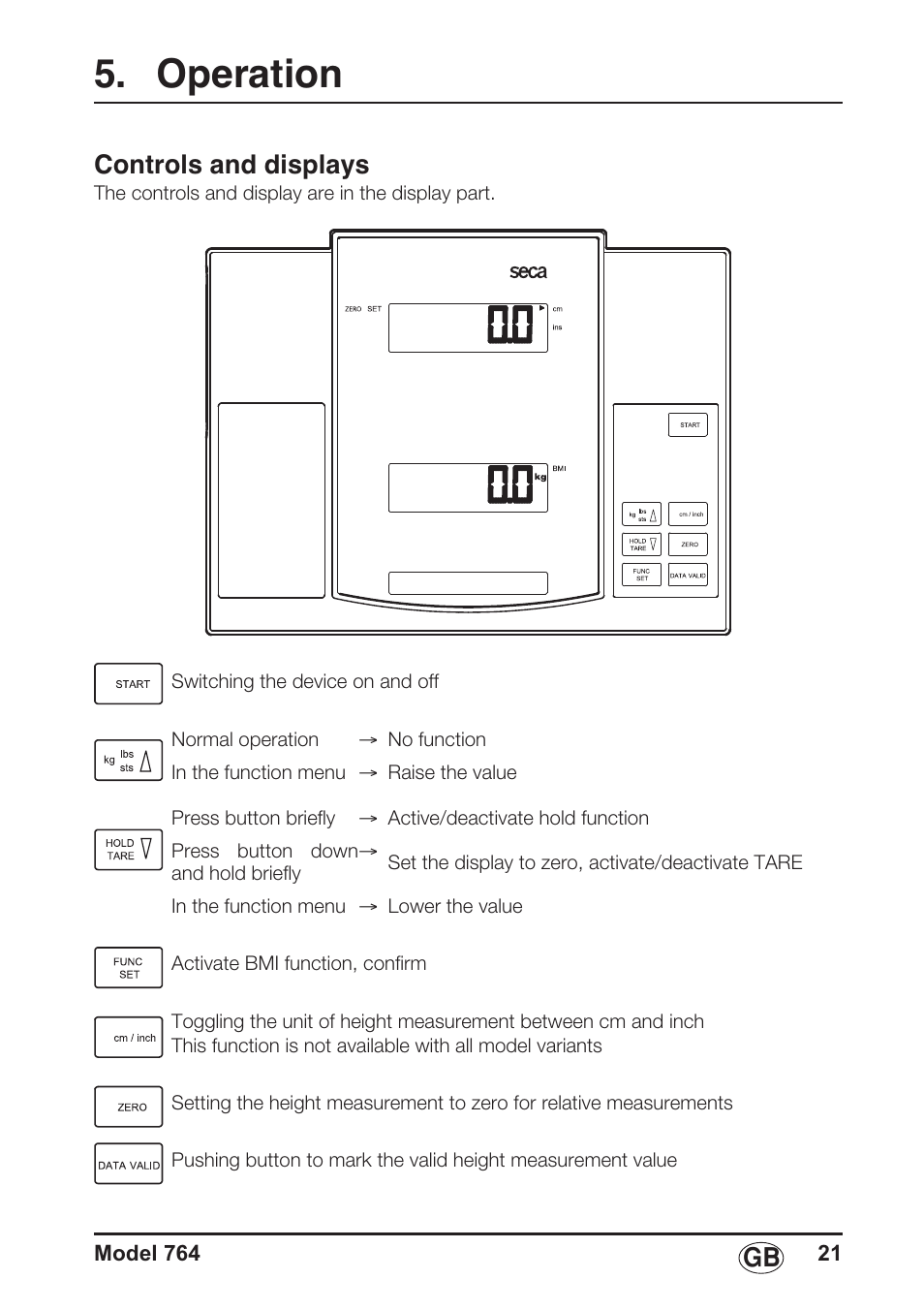 Operation, Controls and displays | Seca 764 User Manual | Page 21 / 189