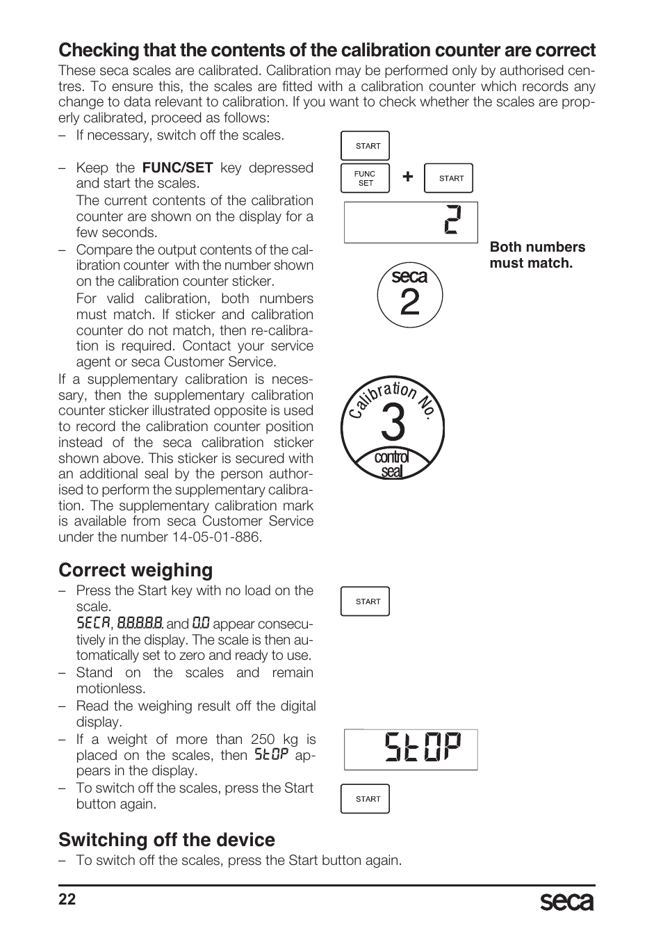 Correct weighing, Switching off the device | Seca 764 User Manual | Page 22 / 189