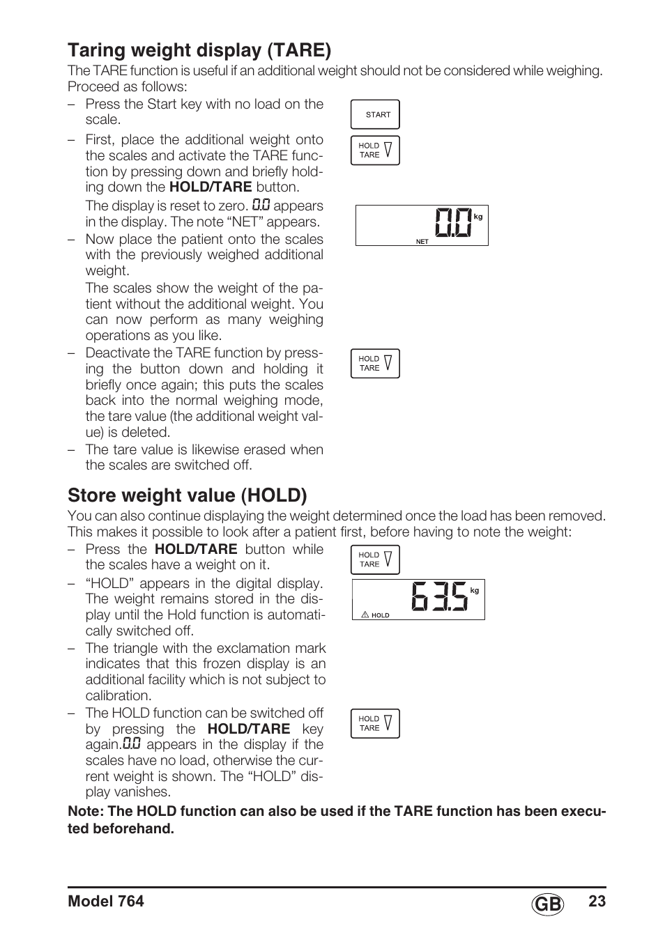 Taring weight display (tare), Store weight value (hold), Gb taring weight display (tare) | Seca 764 User Manual | Page 23 / 189