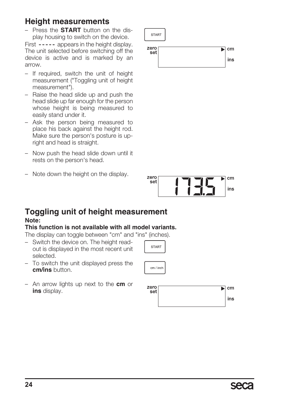 Height measurements, Toggling unit of height measurement | Seca 764 User Manual | Page 24 / 189