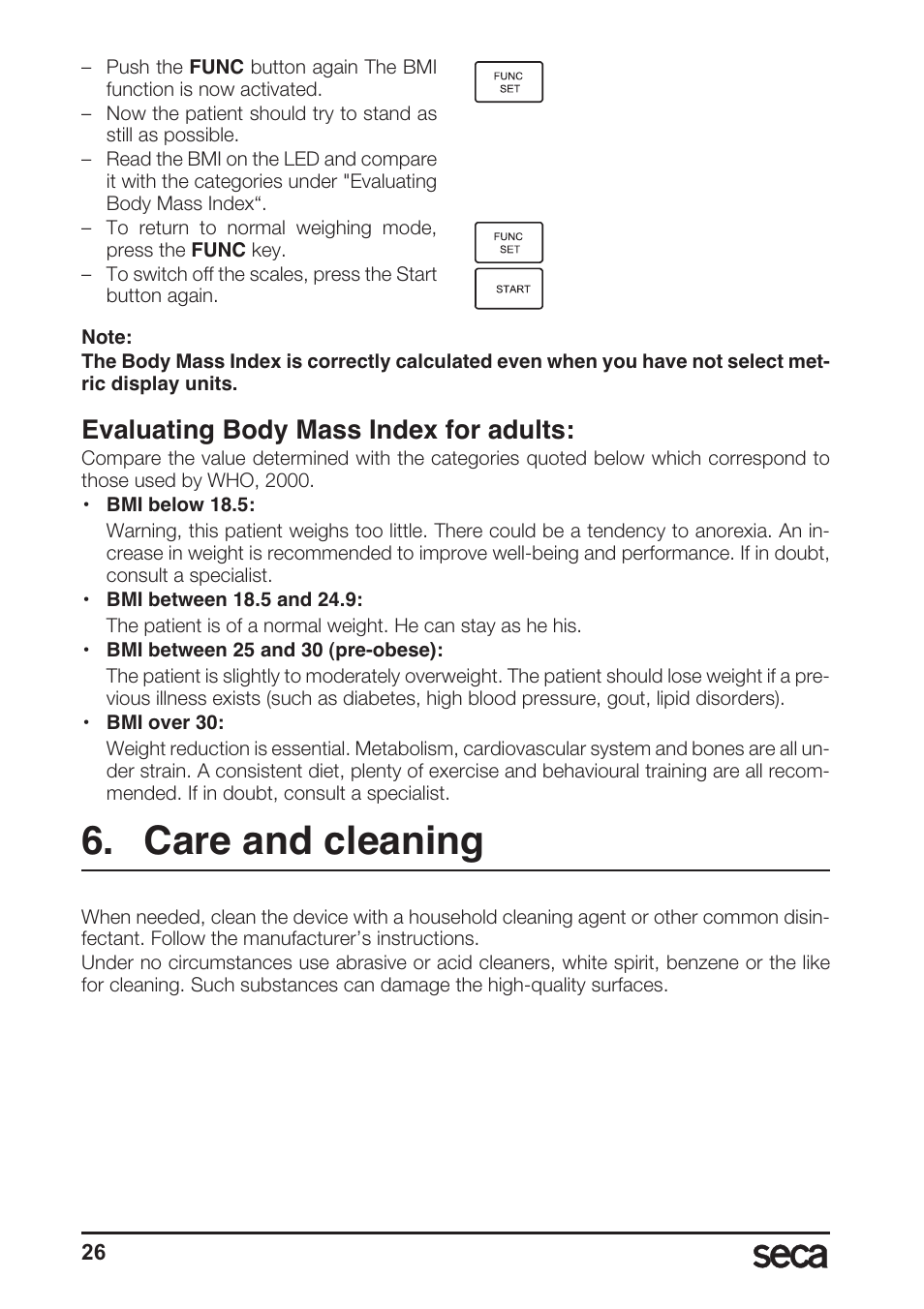 Evaluating body mass index for adults, Care and cleaning | Seca 764 User Manual | Page 26 / 189