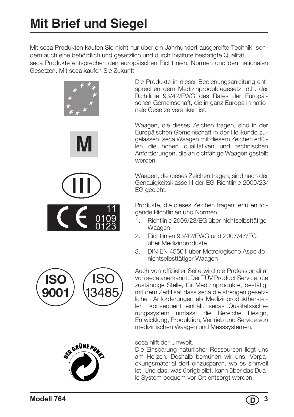 Mit brief und siegel, Iso 9001 | Seca 764 User Manual | Page 3 / 189