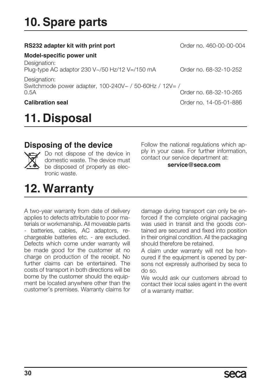 Spare parts, Disposal, Warranty | Spare parts 11. disposal, Disposing of the device | Seca 764 User Manual | Page 30 / 189