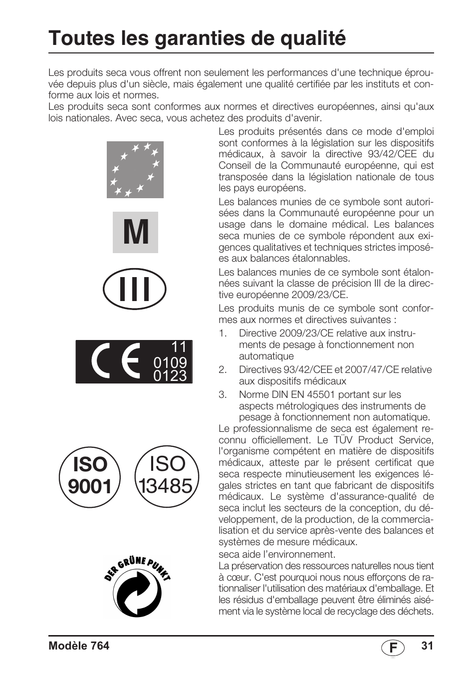 Français, Toutes les garanties de qualité, Iso 9001 | Seca 764 User Manual | Page 31 / 189