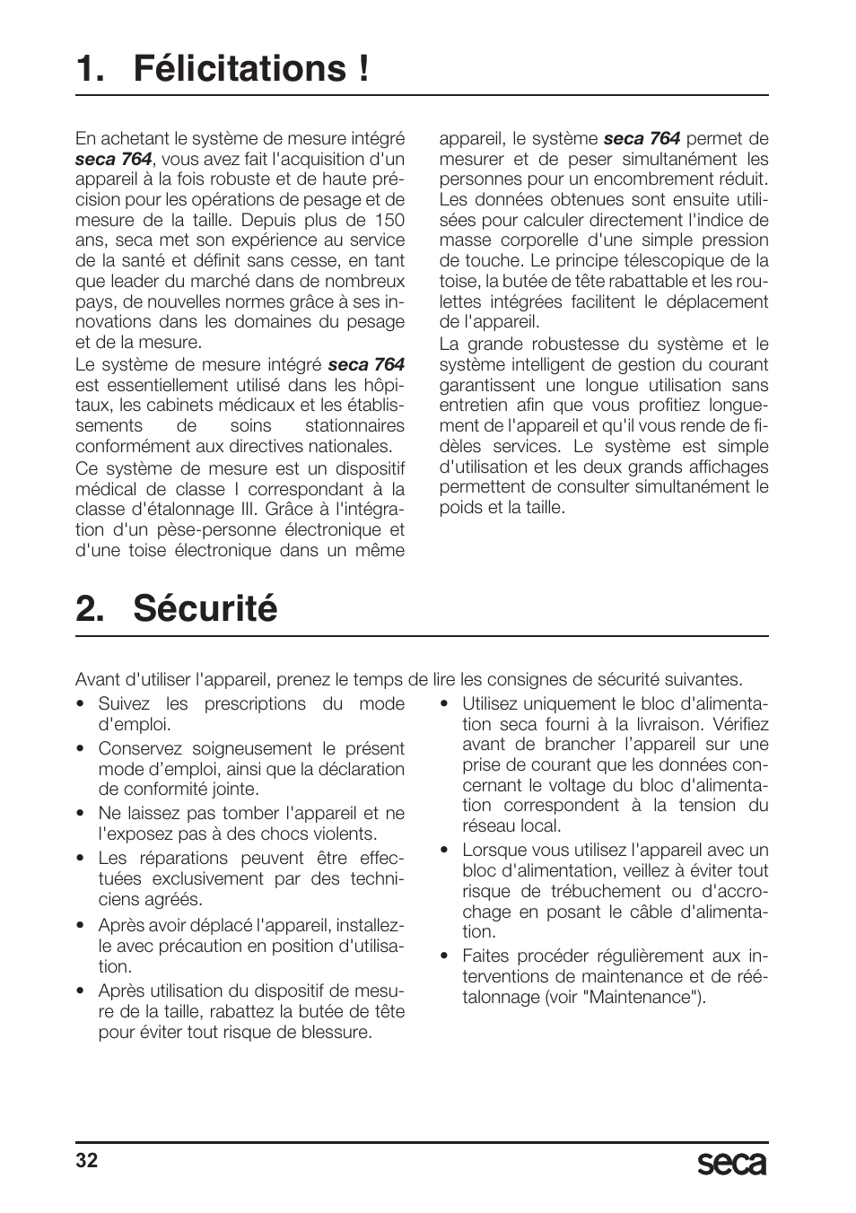 Félicitations, Sécurité | Seca 764 User Manual | Page 32 / 189