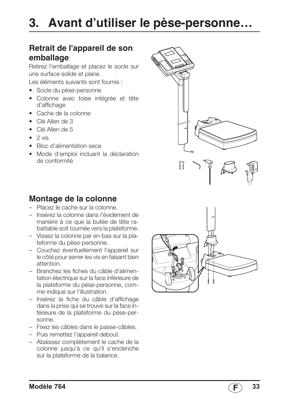 Avant d’utiliser le pèse-personne, Retrait de l'appareil de son emballage, Montage de la colonne | Seca 764 User Manual | Page 33 / 189