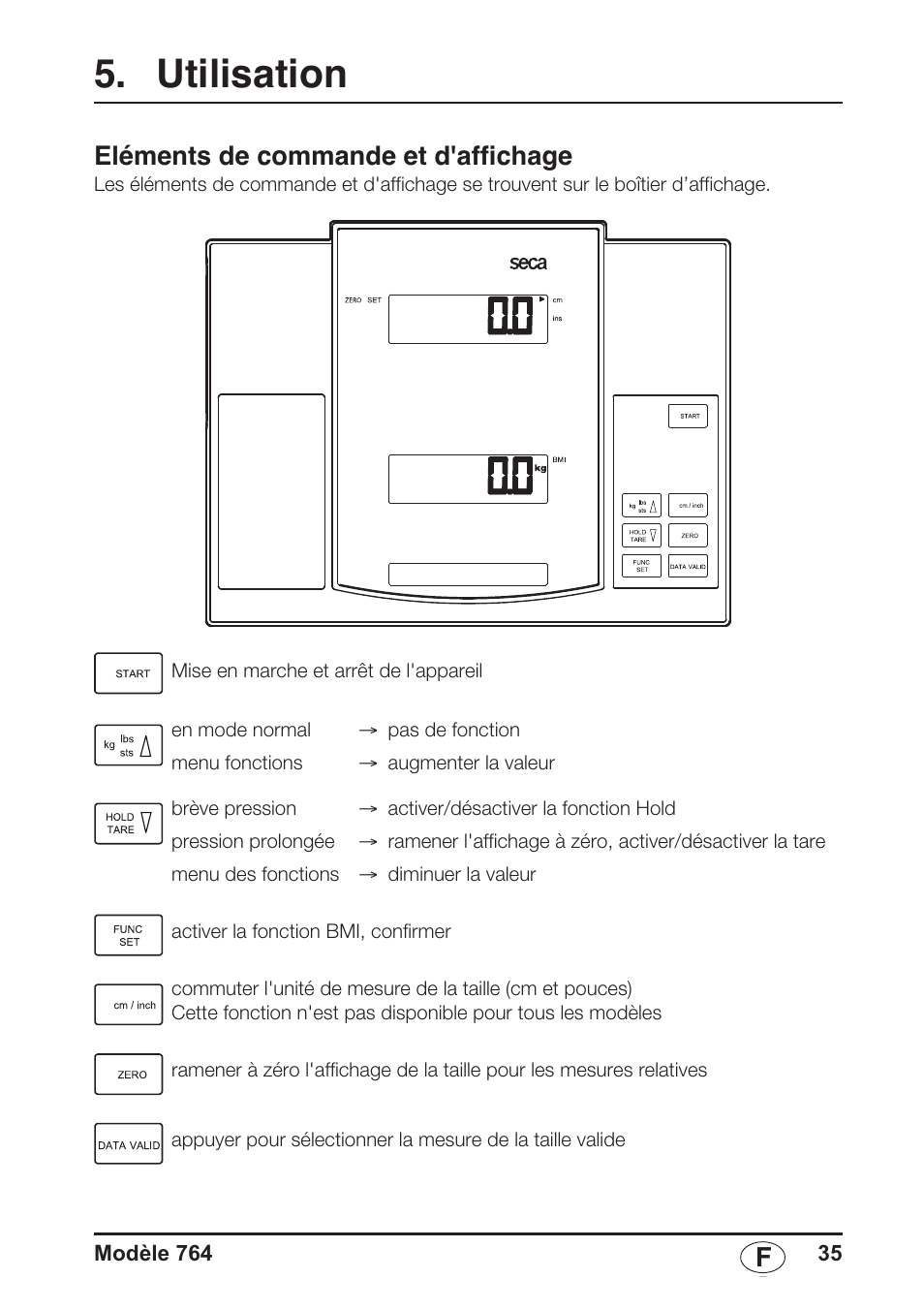 Utilisation, Eléments de commande et d'affichage | Seca 764 User Manual | Page 35 / 189