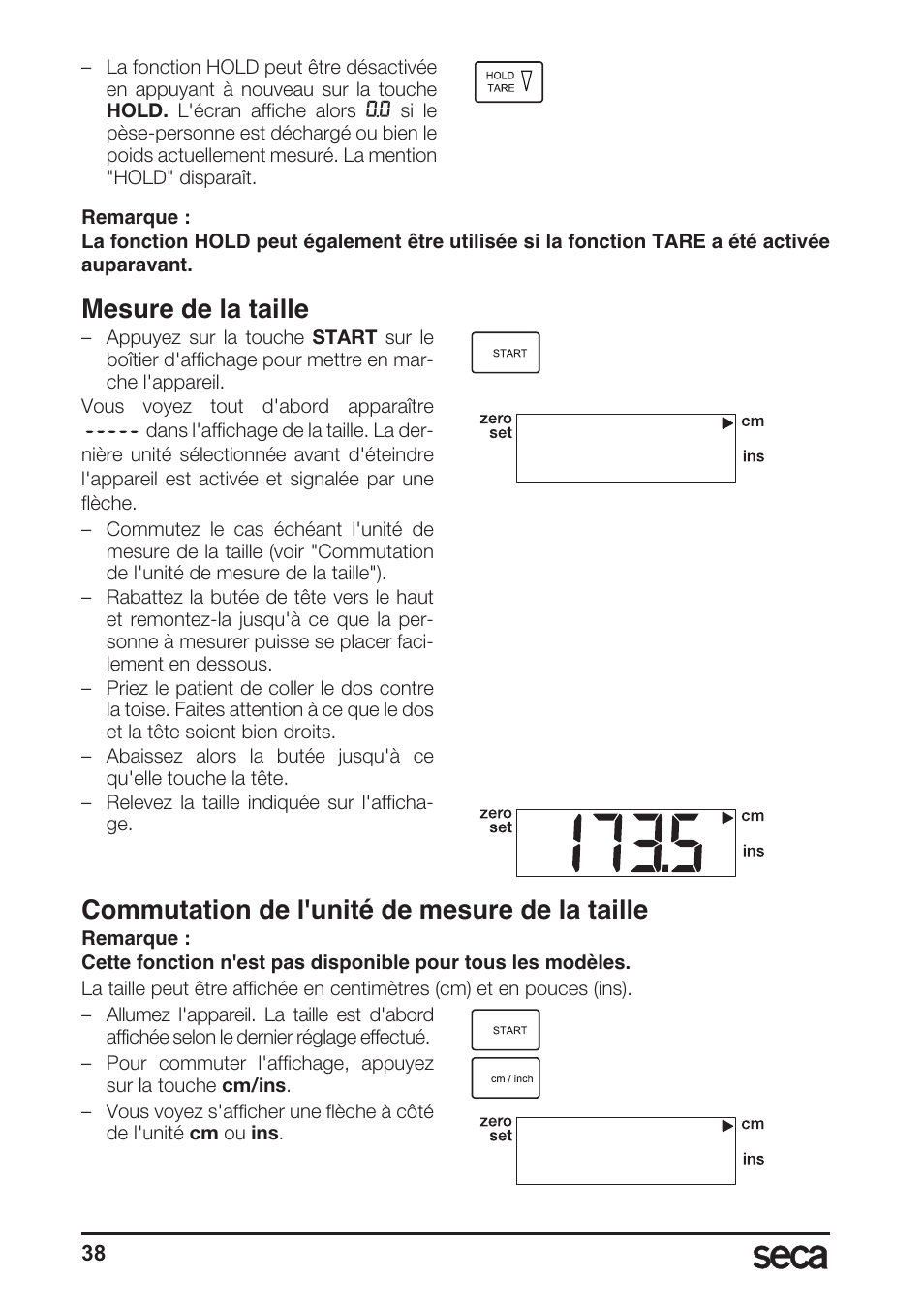 Mesure de la taille, Commutation de l'unité de mesure de la taille | Seca 764 User Manual | Page 38 / 189