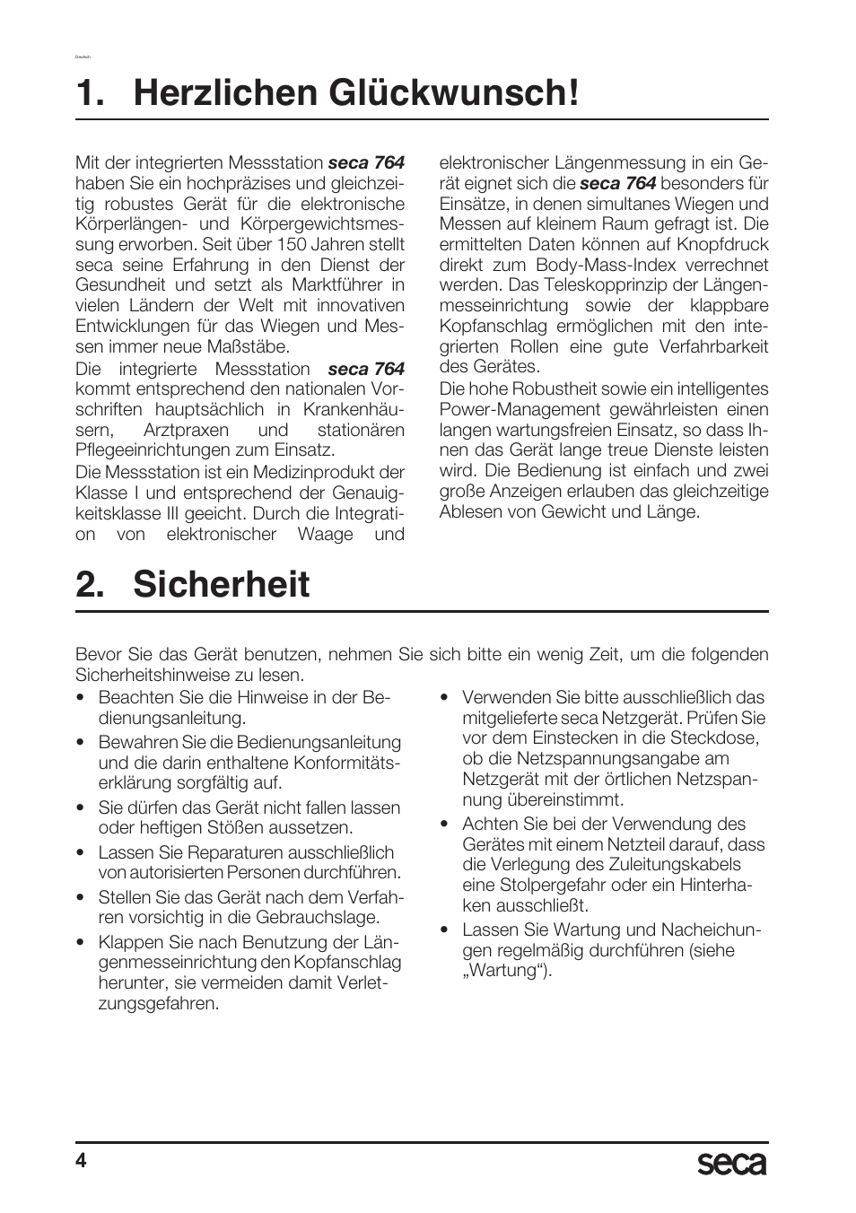 Deutsch, Herzlichen glückwunsch, Sicherheit | Seca 764 User Manual | Page 4 / 189