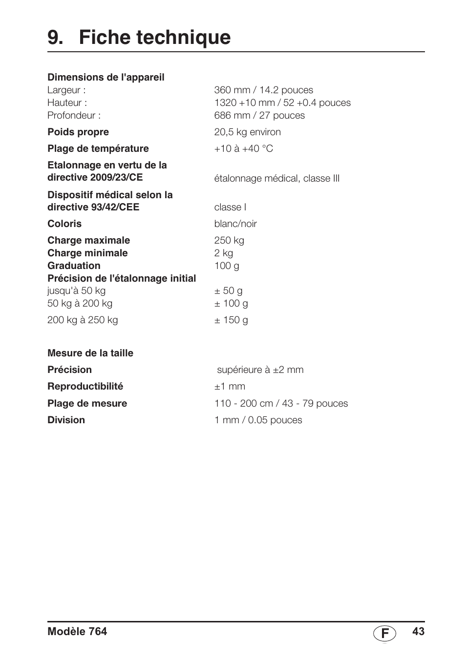 Fiche technique | Seca 764 User Manual | Page 43 / 189