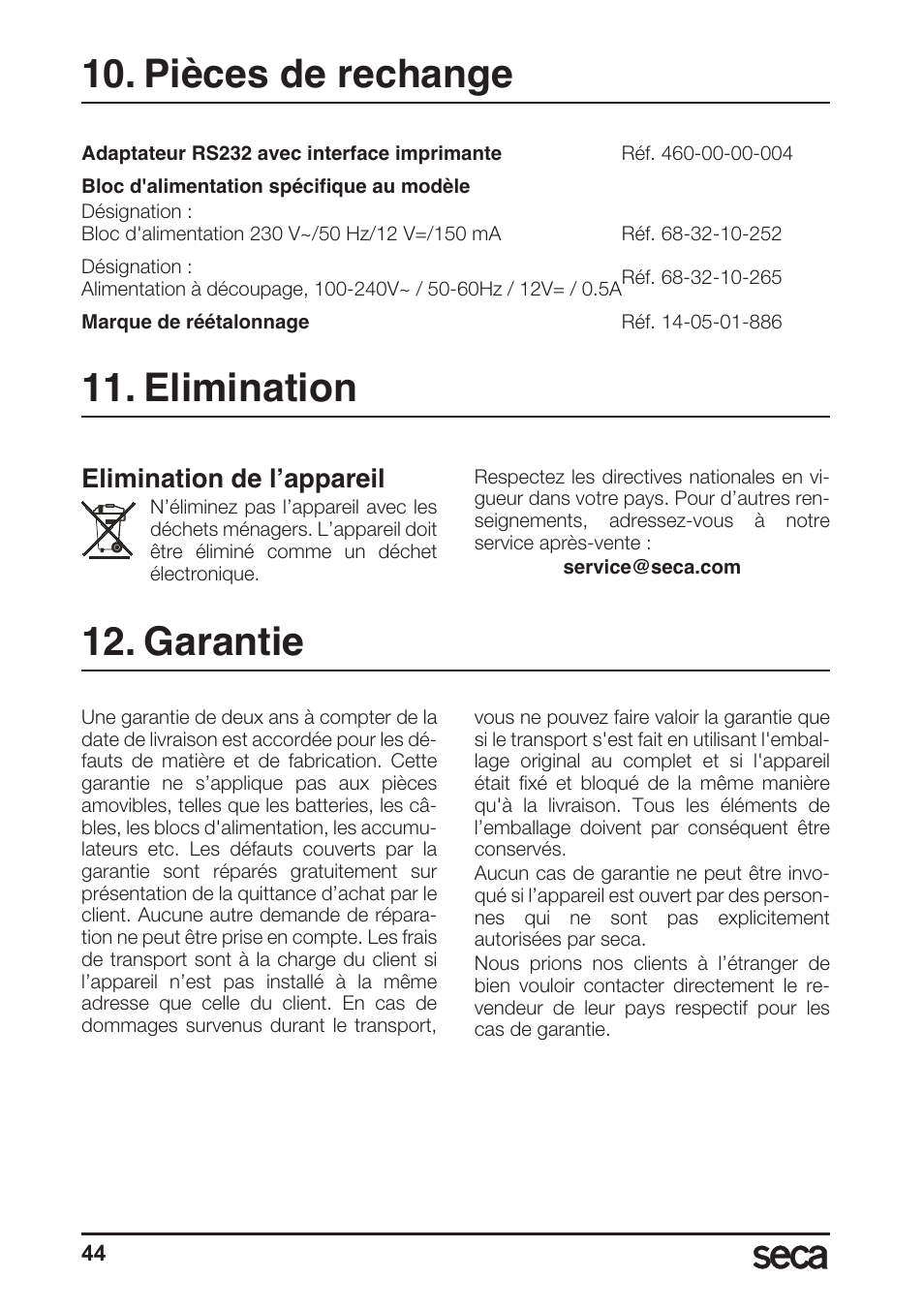 Pièces de rechange, Elimination, Garantie | Pièces de rechange 11. elimination, Elimination de l’appareil | Seca 764 User Manual | Page 44 / 189