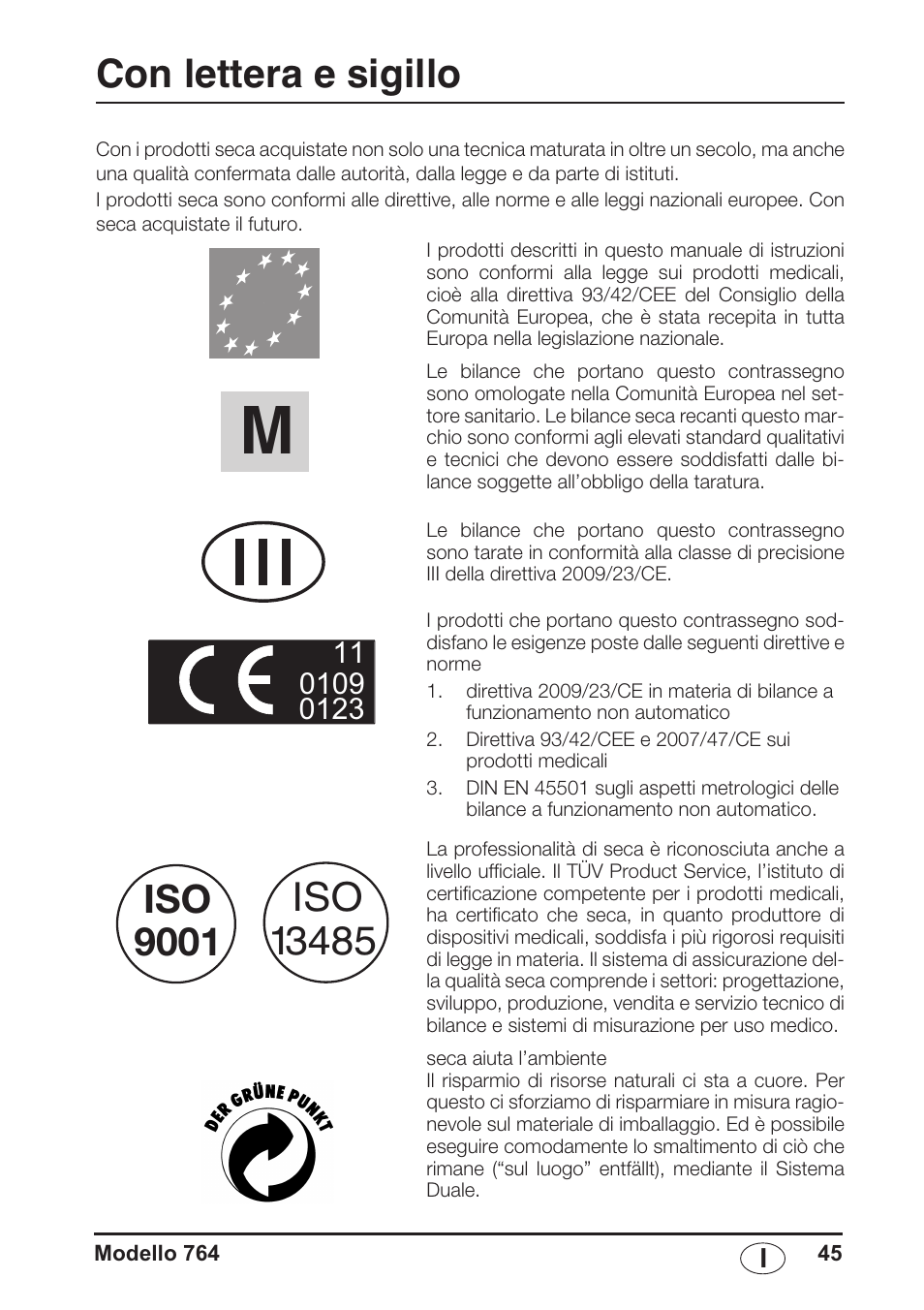 Italiano, Con lettera e sigillo, Iso 9001 | Seca 764 User Manual | Page 45 / 189