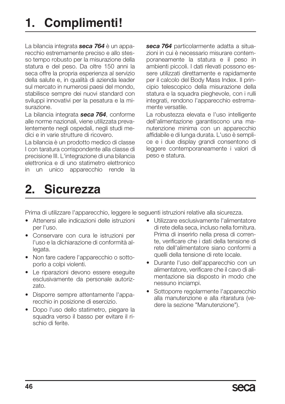 Complimenti, Sicurezza | Seca 764 User Manual | Page 46 / 189