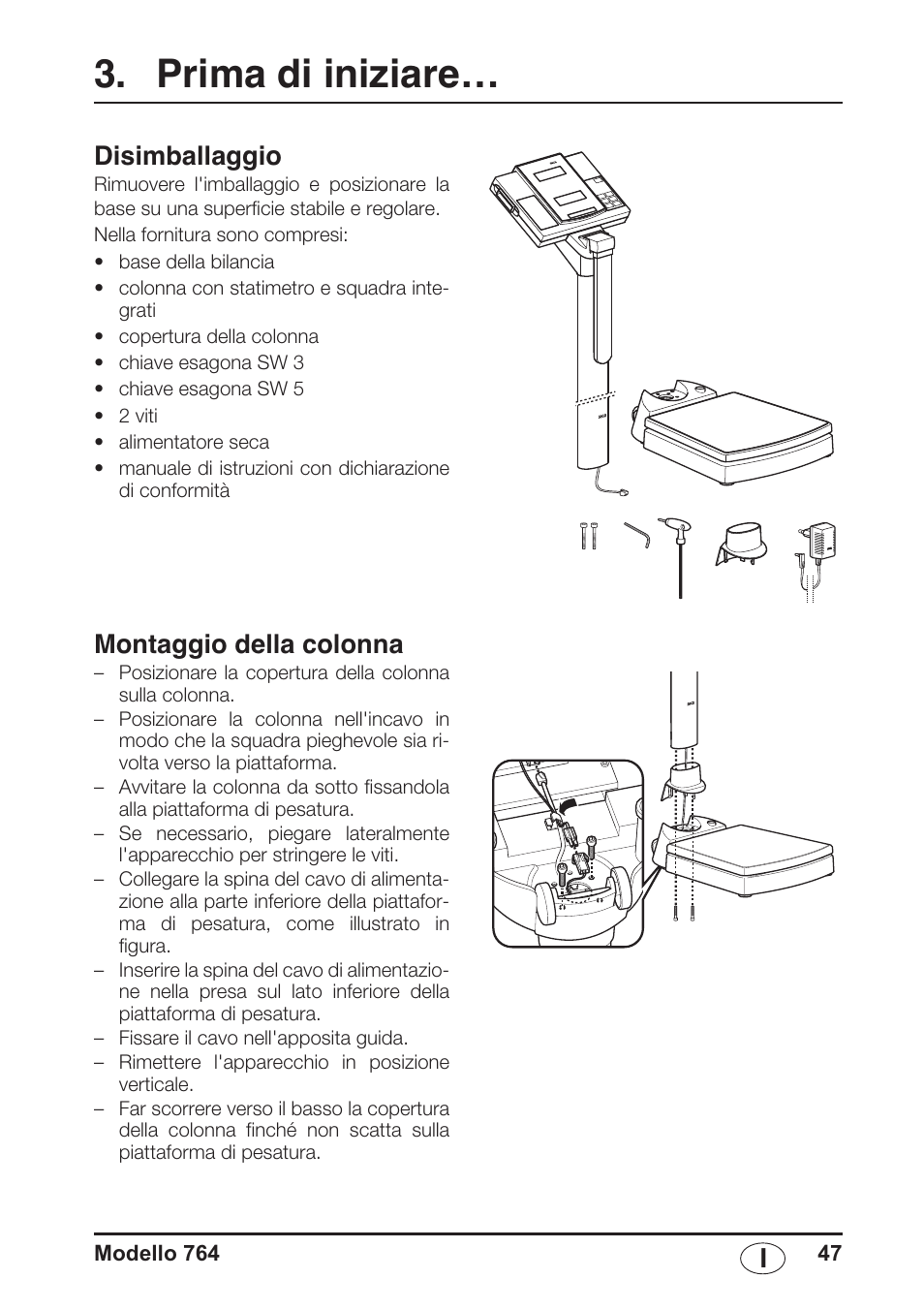 Prima di iniziare, Disimballaggio, Montaggio della colonna | Seca 764 User Manual | Page 47 / 189