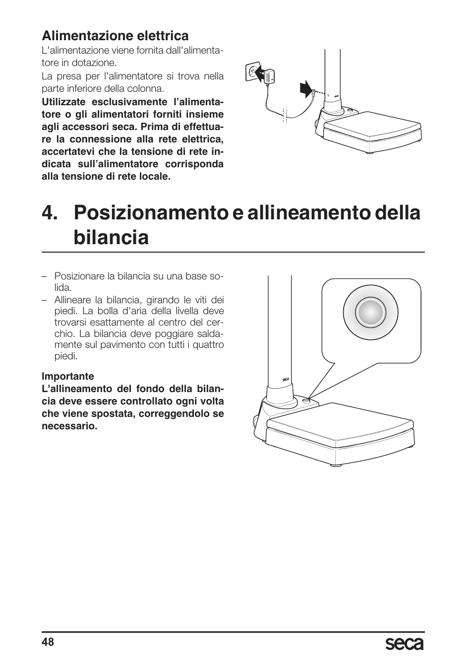 Alimentazione elettrica, Posizionamento e allineamento della bilancia | Seca 764 User Manual | Page 48 / 189