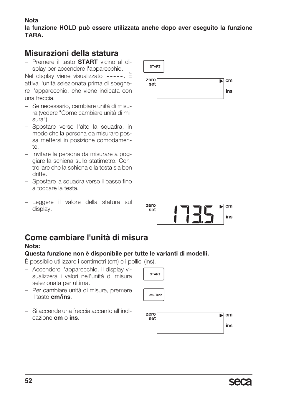 Misurazioni della statura, Come cambiare l'unità di misura | Seca 764 User Manual | Page 52 / 189