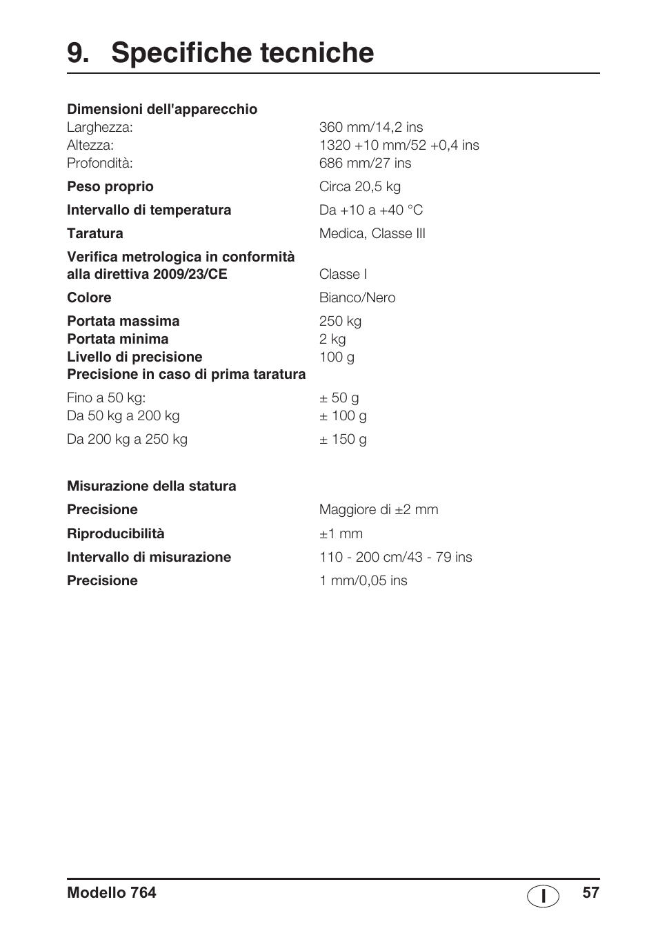 Specifiche tecniche | Seca 764 User Manual | Page 57 / 189