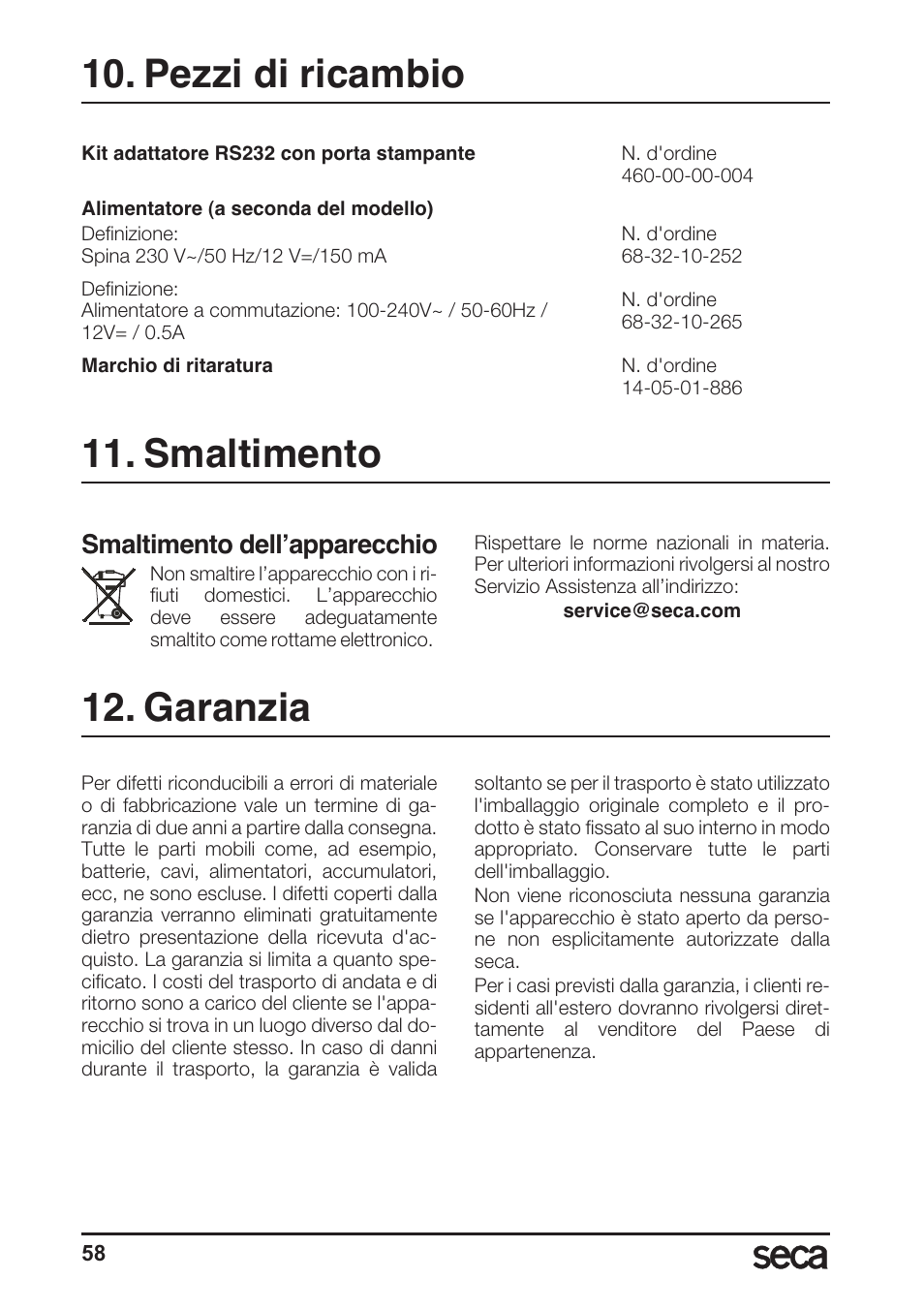 Pezzi di ricambio, Smaltimento, Garanzia | Pezzi di ricambio 11. smaltimento, Smaltimento dell’apparecchio | Seca 764 User Manual | Page 58 / 189