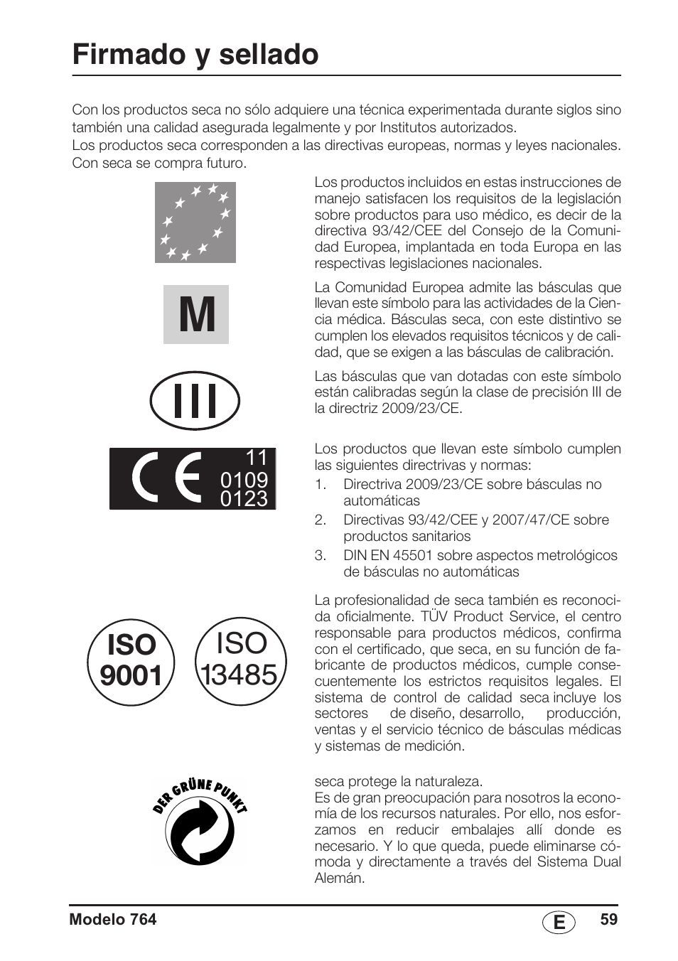 Español, Firmado y sellado, Iso 9001 | Seca 764 User Manual | Page 59 / 189