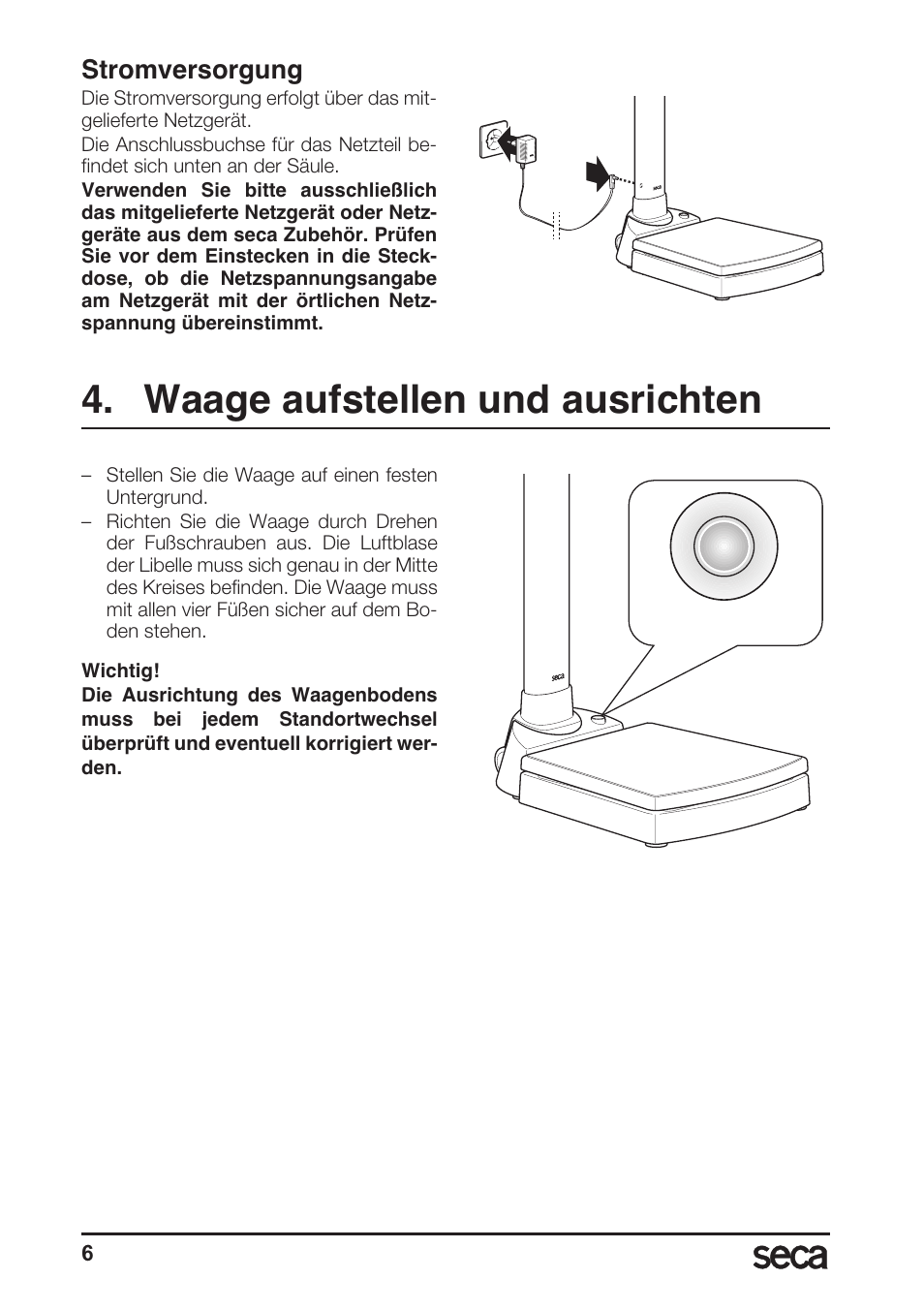 Stromversorgung, Waage aufstellen und ausrichten | Seca 764 User Manual | Page 6 / 189