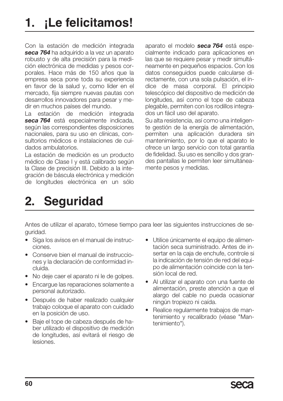 ¡le felicitamos, Seguridad | Seca 764 User Manual | Page 60 / 189