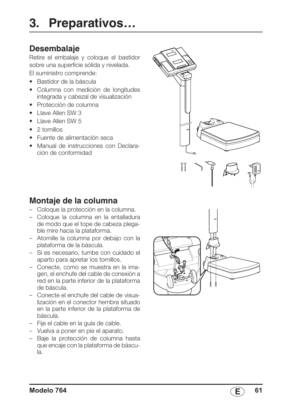 Preparativos, Desembalaje, Montaje de la columna | Seca 764 User Manual | Page 61 / 189