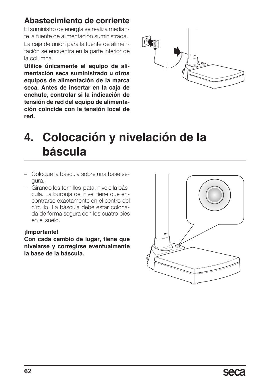 Abastecimiento de corriente, Colocación y nivelación de la báscula | Seca 764 User Manual | Page 62 / 189