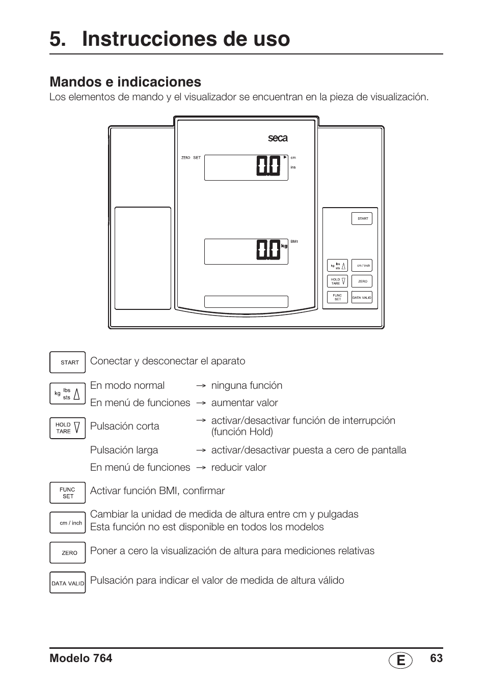 Instrucciones de uso, Mandos e indicaciones | Seca 764 User Manual | Page 63 / 189