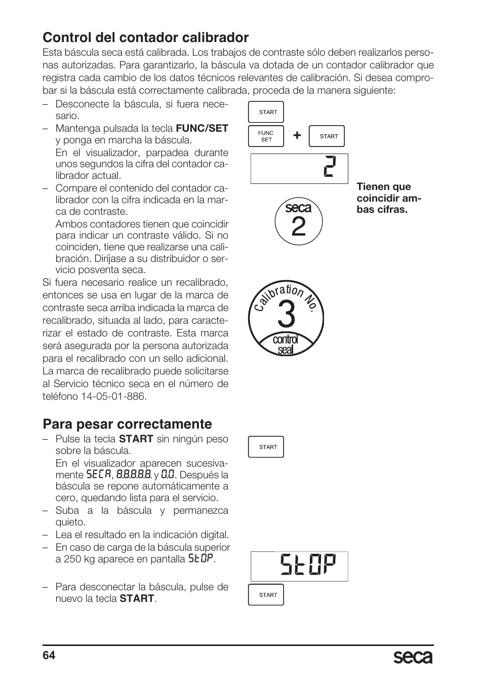 Control del contador calibrador, Para pesar correctamente | Seca 764 User Manual | Page 64 / 189