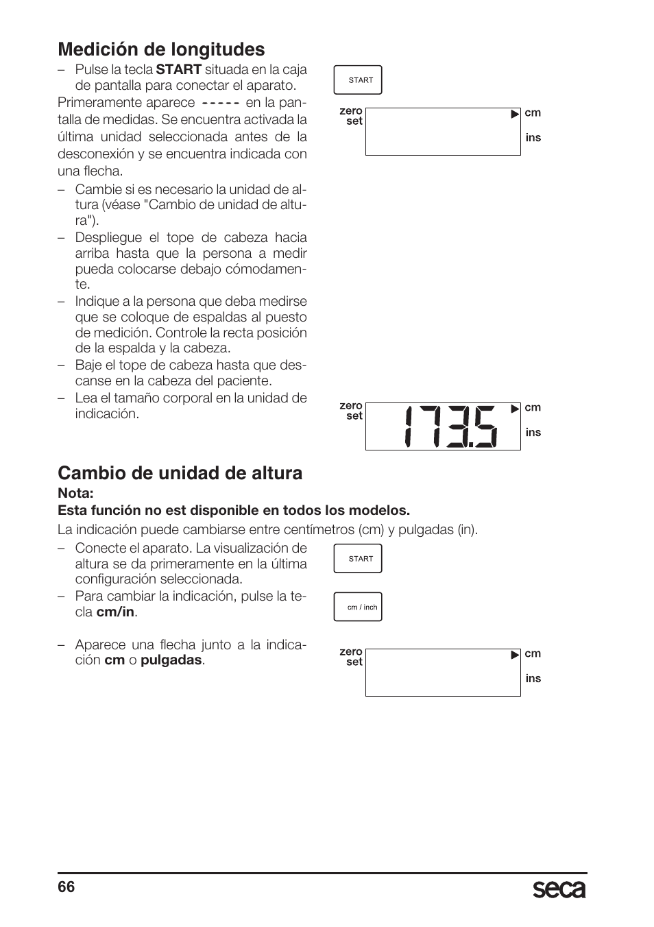 Medición de longitudes, Cambio de unidad de altura | Seca 764 User Manual | Page 66 / 189